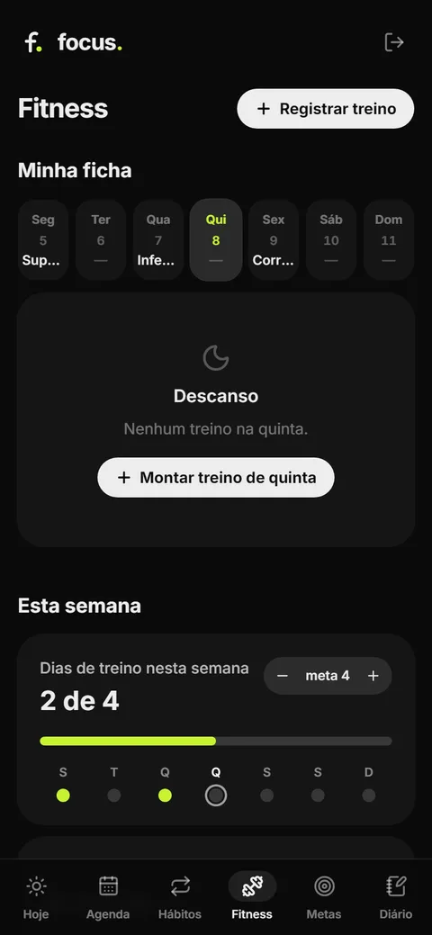 Tela de fitness do Focus AI, com a ficha semanal e os dias de treino